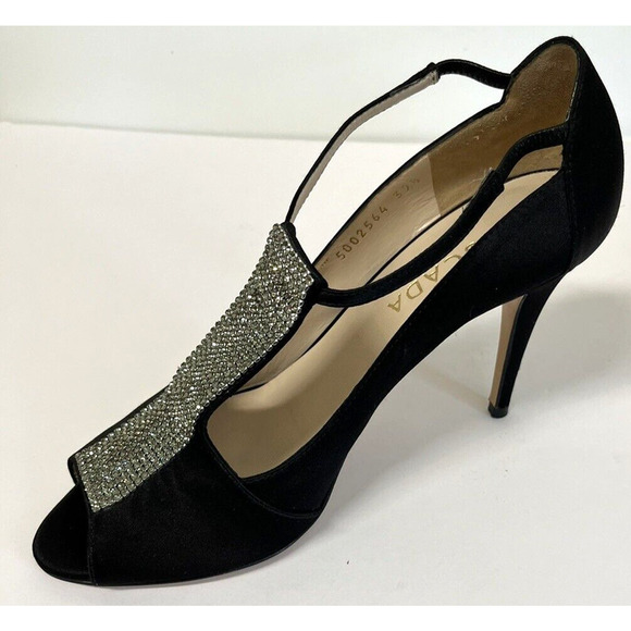 ESCADA Crystal Jeweled Satin T-Strap Heeled Shoes Size 39.5/9 US Peep Toe - Picture 13 of 13